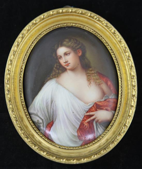 A Continental porcelain convex oval plaque, late 19th century, overall 5.8 x 5in.